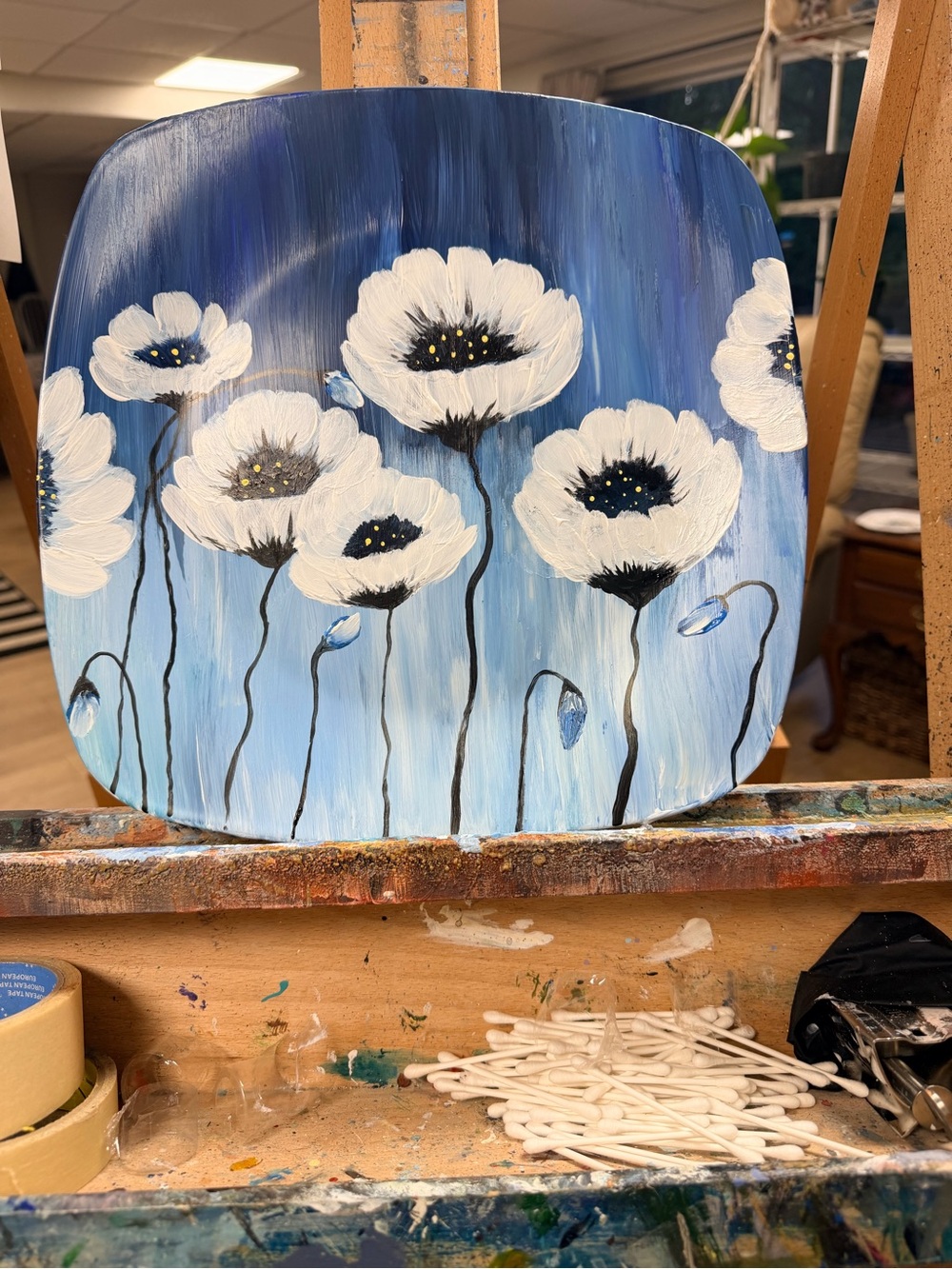 Hand Painted by ME!  White Floral on Porcelain Platter Blue Background